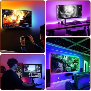 Detail view of RGB LED strip lighting creating ambient backlighting for gaming monitors