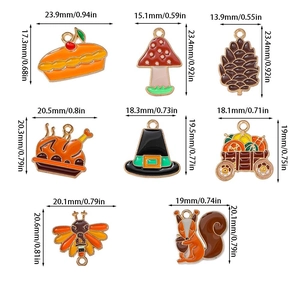Thanksgiving alloy enamel charms collection with detailed size dimensions in mm and inch