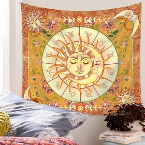 Detail of sun and moon tapestry with zodiac symbols and floral frame for room decor