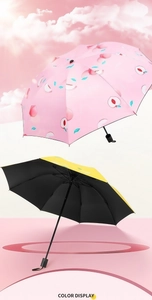 Close-up of peach pattern folding umbrella with yellow and black UV sun coating