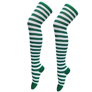 Green and white striped over-knee high socks for women in a clean vertical studio shot