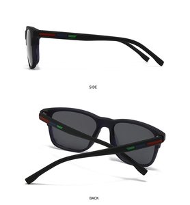 Detail view showing the side and back of matte black sunglasses with tricolor striped temples