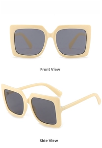 Detailed views of oversized square cream sunglasses with dark grey lenses in front and side angles