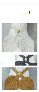 Detail of handmade macrame leaf curtain tiebacks in cream, grey, and ginger yellow