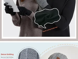 Detail of warm winter knit beanie with thick fleece lining and touchscreen gloves set