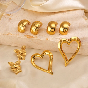 Stainless Steel Stud Earrings Gold Plated C Shaped Hollow Heart Butterfly Textured Trendy Jewelry For Women