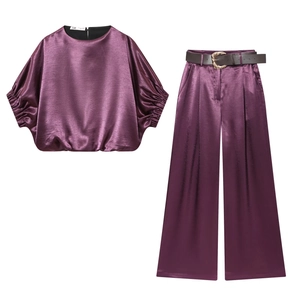 Haut Manches Lanterne En Velours Satiné Pour Femmes Et Pantalon Large Avec Ceinture Tenue Décontractée Unie