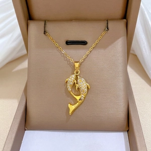 Intertwined Dolphin Pendant Necklace Stainless Steel Chain Copper Zircon Micro Pave Luxury Jewelry For Women