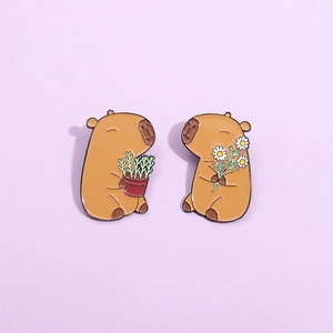 Cute cartoon capybara enamel pins set with flower and plant designs on purple background
