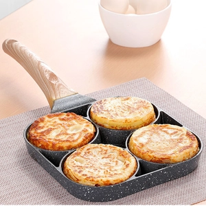 Non-stick medical stone 4-hole frying pan with wood-grain handle for eggs and steak