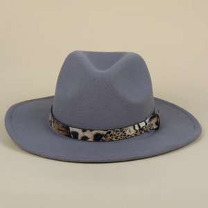 Detail of grey wool fedora hat featuring a stylish leopard print band and metal buckle