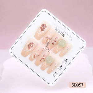 Handmade press-on nails with Chinese lotus patterns, pearls and green jade-style accents