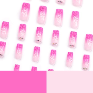 Pink gradient press-on nails with 3D embossed flowers and rhinestones for women
