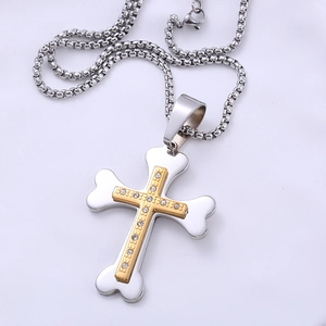 Two-tone stainless steel bone-shaped cross necklace with sparkling crystal inlay