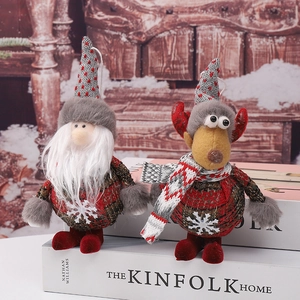 Christmas Santa and Reindeer plush hanging ornaments with red green plaid fabric