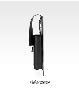 Side view of black leather phone holster featuring premium texture and metal hook
