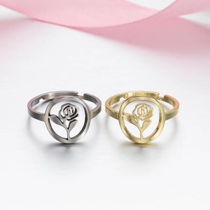 Vintage rose cut-out stainless steel adjustable rings in gold and silver finishes
