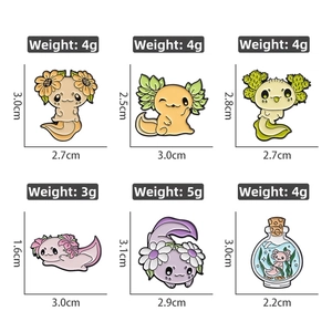 Set of six colorful axolotl enamel pins with floral and creative nature designs