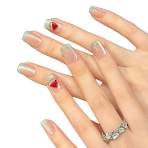 Watermelon cat eye press on nails with mint green gradient and 3D fruit art