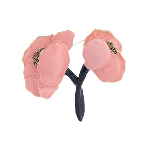 Elegant peony flower brooch with pink enamel petals and gold edges on white background