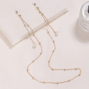 Elegant gold metal eyeglass chain with round beads, imitation pearls and rubber loops