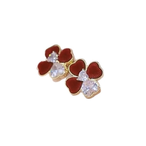 18K gold plated flower stud earrings with red heart petals and sparkling cubic zirconia