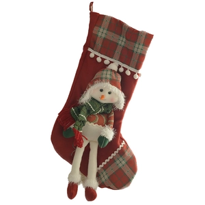 Christmas stocking with 3D snowman and red-green plaid pattern for holiday decoration