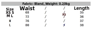 Size chart for women's plaid pleated mini skirt detailing measurements and fabric information