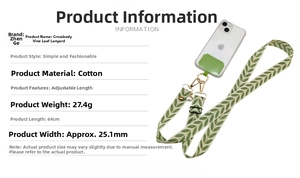 Detailed specifications of green vine pattern cotton phone lanyard with pearl charm and hook
