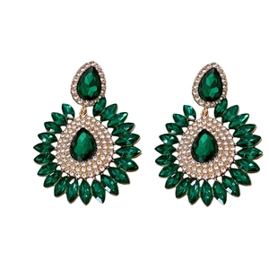 Boucles d'oreilles vintage goutte vert émeraude avec motif cristal tournesol et aiguille argent