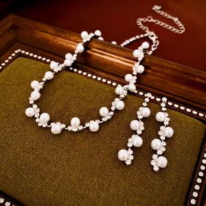 Elegant Wave Design Faux Artificial Pearl Rhinestone Necklace Earrings Luxury Choker For Women Wedding Party Jewelry