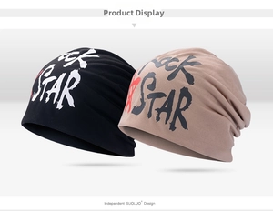 Detail of Rock STAR graffiti print on soft cotton knitted beanies in black and khaki