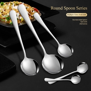 Mirror polished stainless steel round spoons in five sizes for hotels and fine dining