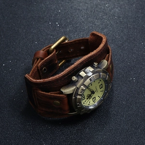 Vintage brown genuine leather punk style cuff watch with bronze metal accents