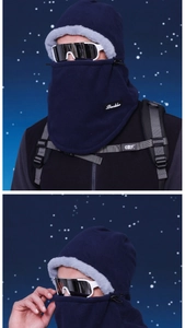 Detail of fleece winter neck gaiter with soft faux fur lining and adjustable drawstring