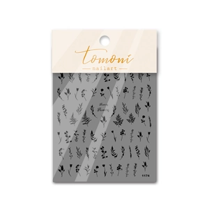 Detail of 5D black floral nail stickers with intricate leaf patterns and 1174 item code