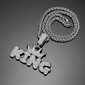 Hip-hop KING crown pendant necklace with iced out crystals and silver twist chain