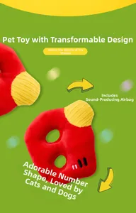 Detail of red plush dog squeaky toy with yellow corduroy texture in B-shape design