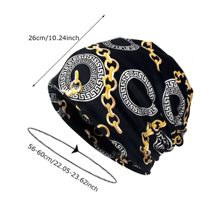 Black knit slouchy beanie with gold chain print, height 26cm, for 56-60cm head size