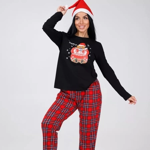 Women's Christmas pajama set with black long-sleeve bear top and red plaid pants
