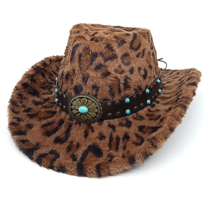 Western Cowboyhut Leopard Print Kunstfell Warm Winter Breitkrempig Bohemian Türkis Metallschnalle Vintage Stil Für Damen