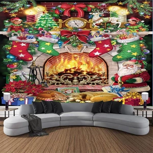 Detail view of large Christmas advent calendar tapestry featuring a fireplace and reindeer