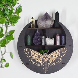 Boho wooden moth moon shelf for crystals and candles in dark brown finish