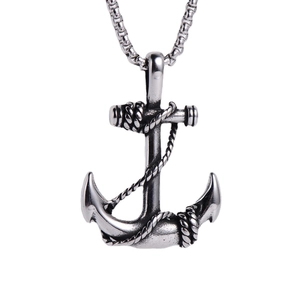 Vintage silver anchor pendant with rope detail on square box chain for men and women