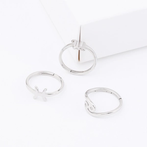 Detailed view of three minimalist silver stainless steel zodiac rings on white boxes