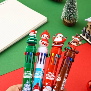 Close-up of 10-color Christmas ballpoint pens with 3D Santa, snowman and reindeer toppers