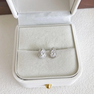Macro detail of pear-cut zircon stud earrings in S925 sterling silver gift box