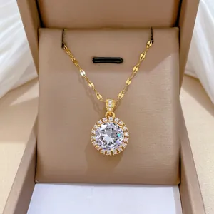 Exquisite gold-plated titanium steel necklace with a large round cubic zirconia pendant