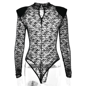 Detail view showing sheer lace texture and teardrop cutout on the back of the bodysuit