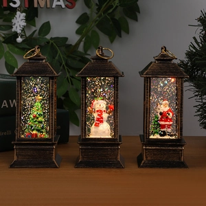 Lanterne natalizie vintage in bronzo con Babbo Natale, pupazzo di neve e glitter luminosi